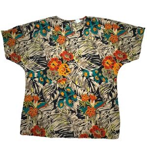 Nicola Vintage Tropical‎ Floral Palm Print Blouse Short Sleeve Black Orange